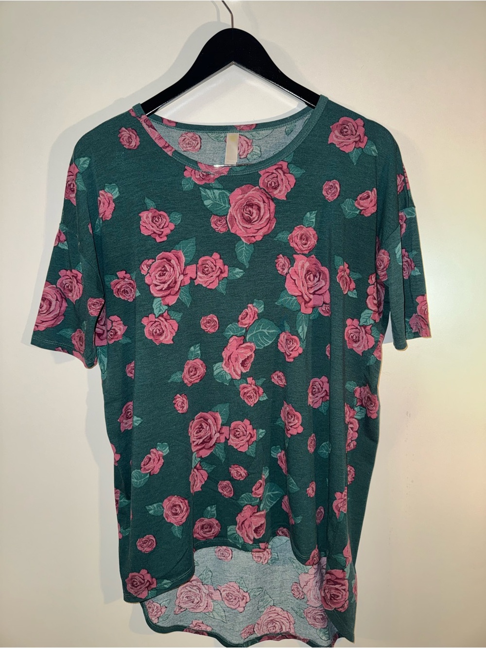LuLaRoe Irma Teal Green Tunic with Pink Rose Print